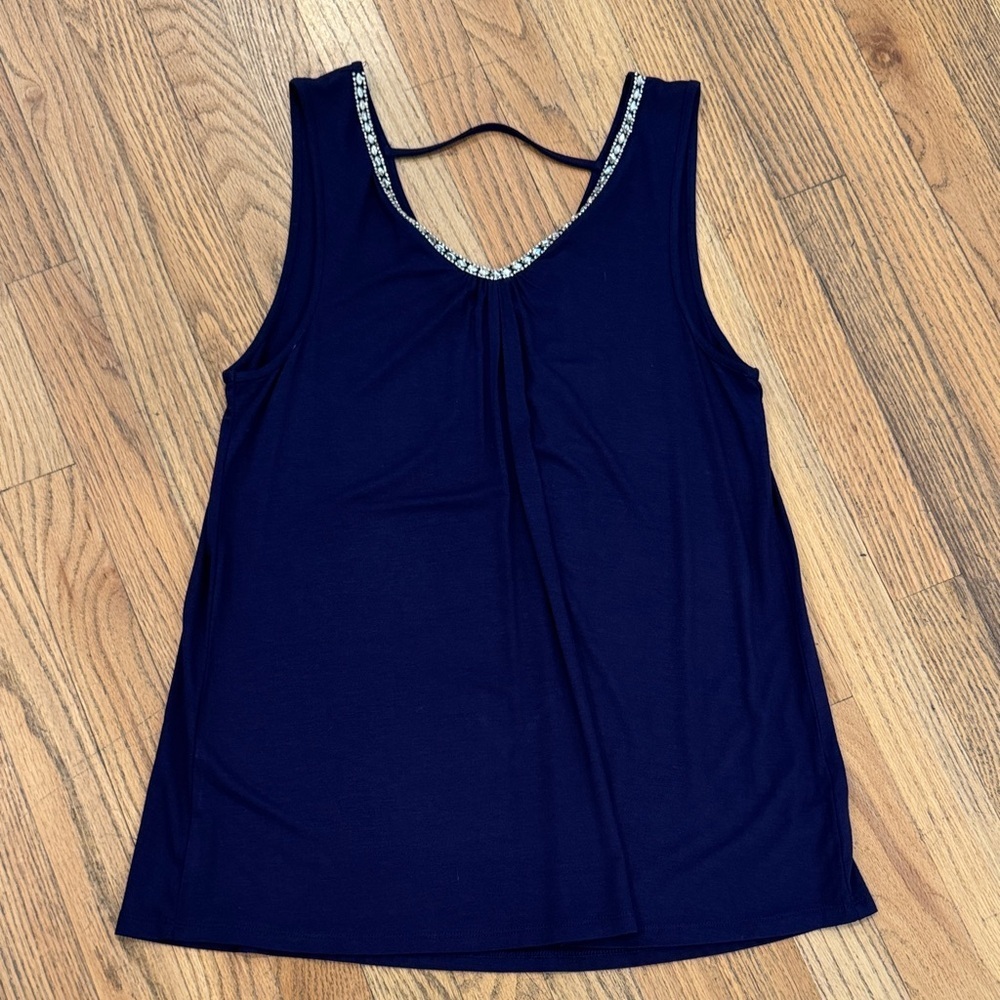Cable & Gauge Navy Tank Top with Beaded Neckline - Picture 1 of 7